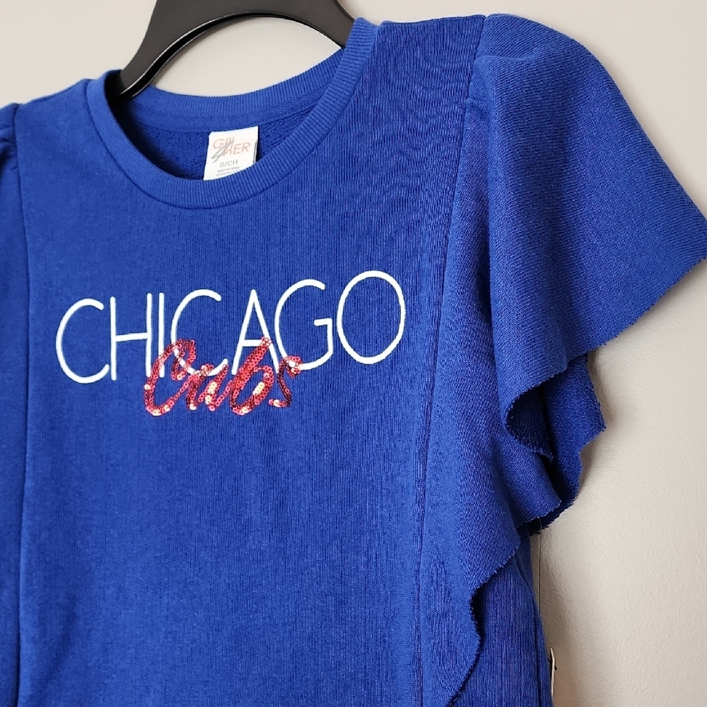 Chicago Cubs Blue Graphic Sweatshirt Ruffle Sequin Tee By Carl Banks Size Small